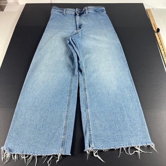 Zara Jean Women 32x27* High Rise Wide Leg Blue Faded Raw Bottom Hem Denim Tag 12 - Picture 1 of 16